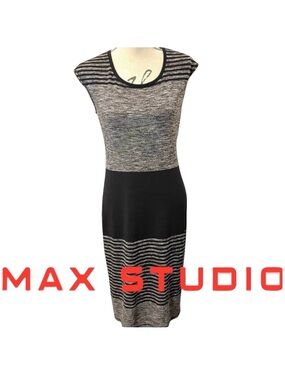 Max Studio Black Grey Stripe Cap Sleeve Bodycon Fine Knit Midi Dress (M)
